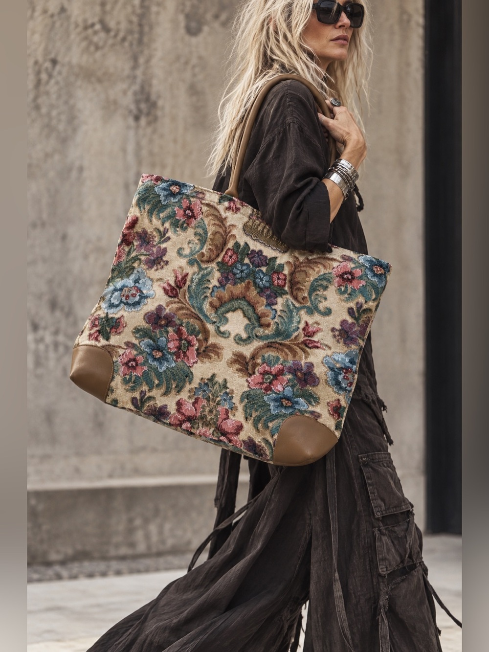 Vintage McConnell USA Floral Tapestry Carpet Bag Tote Leather Handles Large